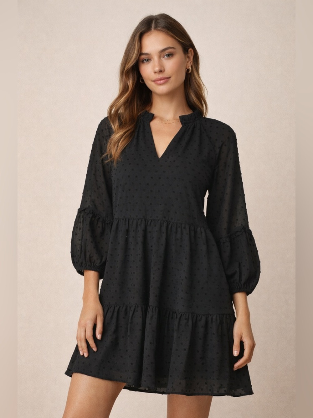 CeCe Black Swiss Dot Ruffle Tiered Mini Dress Size M Boho Long Sleeve Flowy